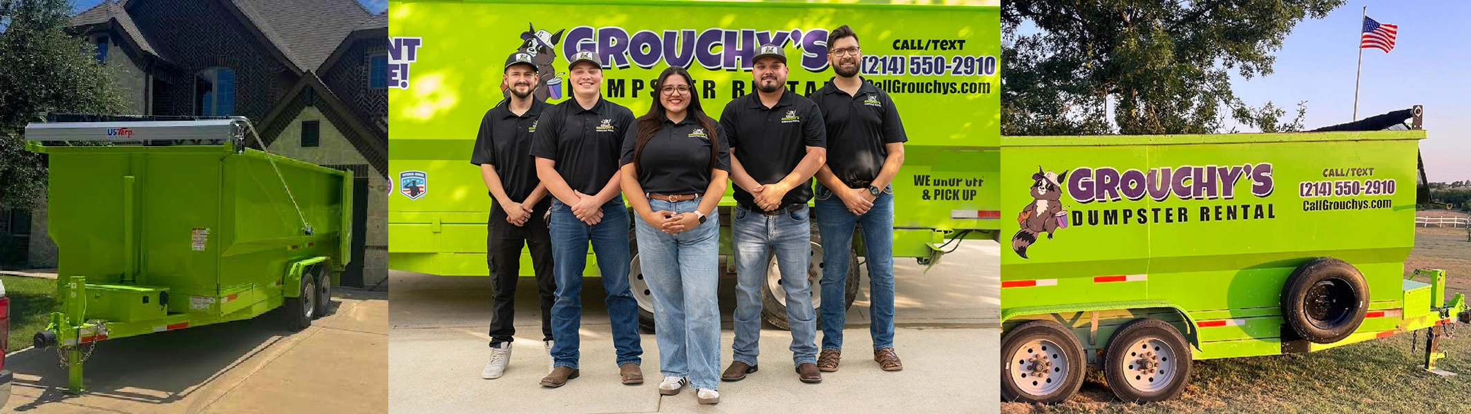 Friendly team at Grouchy's dumpster rental infront of trailer
