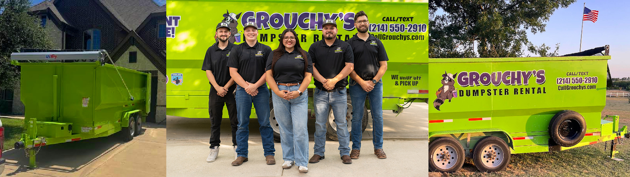 Friendly team at Grouchy's dumpster rental infront of trailer